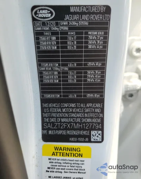 2021 Land Rover Range Rover Evoque R-Dynamic S z USA, uszkodzony, nr VIN SALZT2FX7MH127794